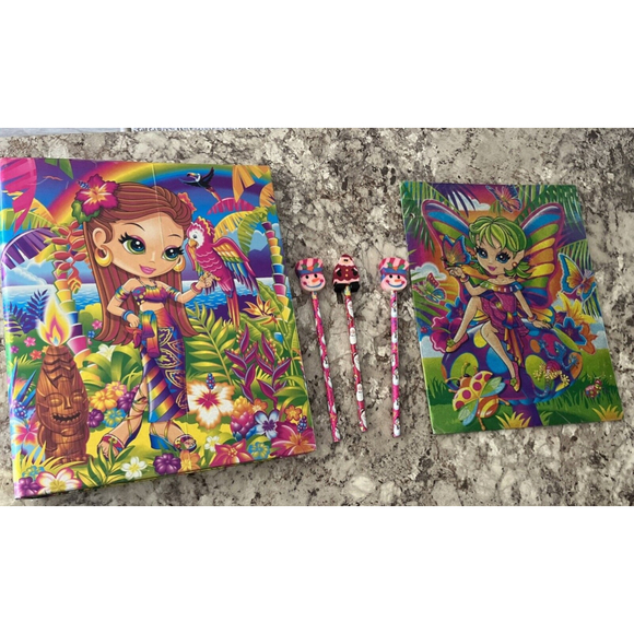 VTG Lisa Frank‎ Nalani Tropical Hawaiian Girl Foil Cover BinderFolder&3 Pencils